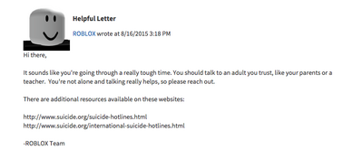 Message d'aide sur le suicide de Roblox