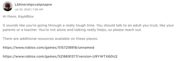 Mensaje de ayuda suicida de Roblox