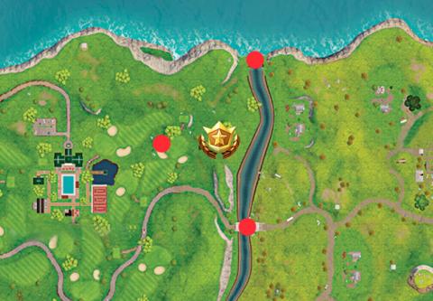 Search between a covered bridge, a waterfall and the 9th green in Fortnite